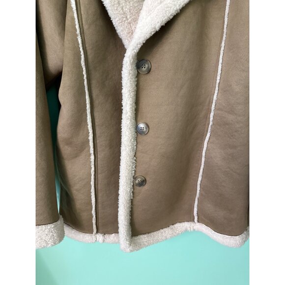 Promesa Womens S Button-Up Faux Suede Jacket With Faux Shearling Trim Tan & Whit - Picture 2 of 8